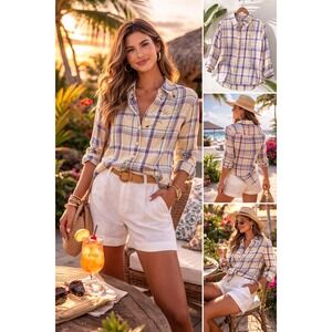 Lemon Grass Button Down Shirt W PM Tan Blue Plaid Floral Embroidery Rare Chic